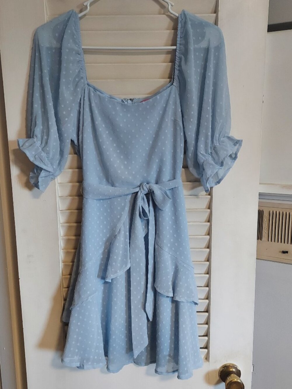 Mi Ami for Francesca’s Blue Swiss Dot Dress M Puff Sleeve Tie Waist Fit & Flare